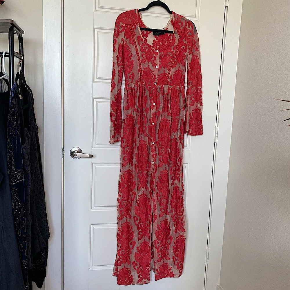 MINKPINK RED NUDE LACE BOHO LACE DRESS XS